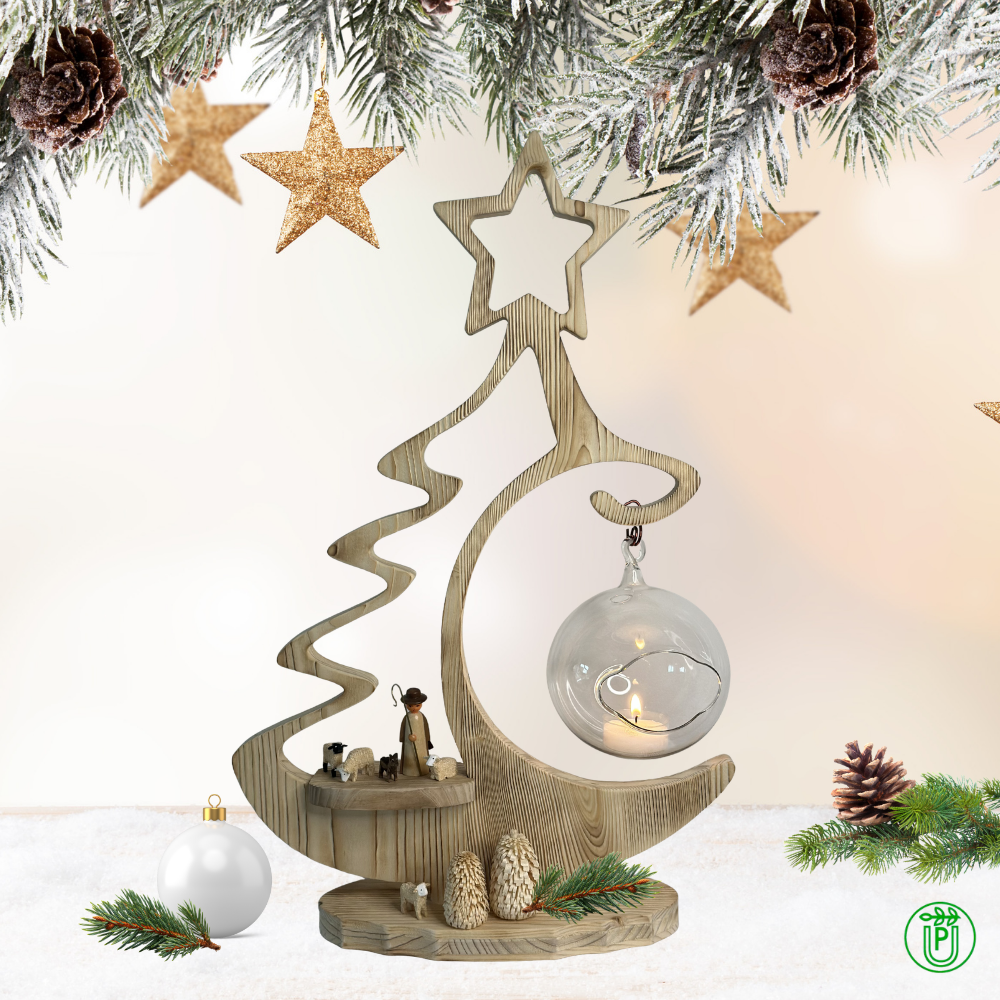 Decorative rustic tree with glass orb, natural brushed and flamed