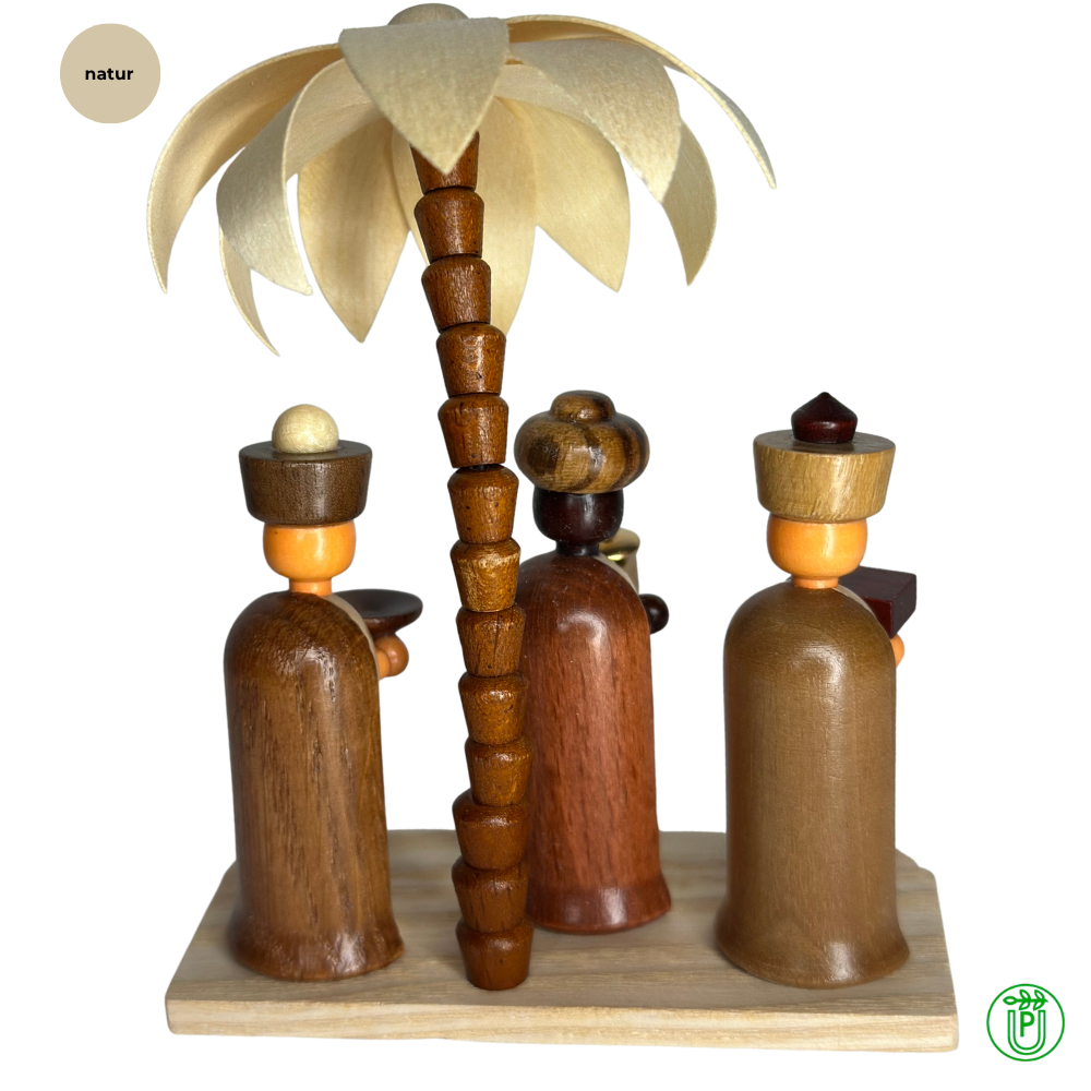 Heilige Drei Könige aus Holzkunst auf Sockel mit Palme, erzgebirgische Handwerkskunst aus Seiffen, naturbelassen,.