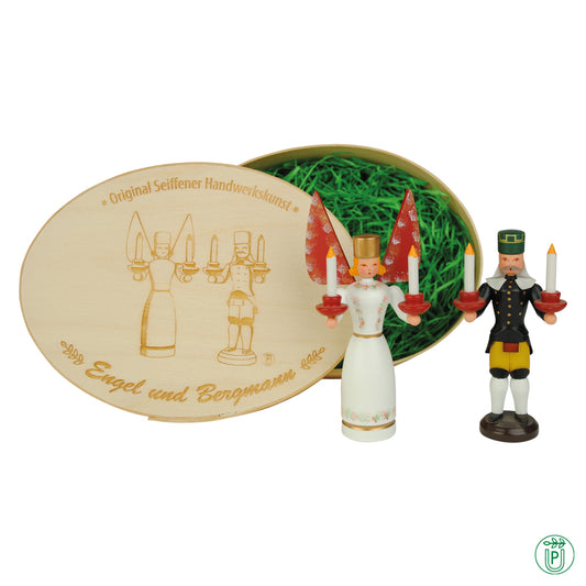 Angel and Miner in a wooden chip box