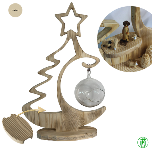 Decorative rustic tree with glass orb, natural brushed and flamed