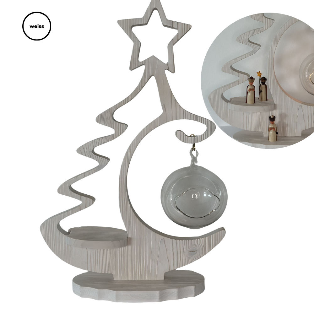 Decorative rustic tree with glass orb, natural brushed and flamed