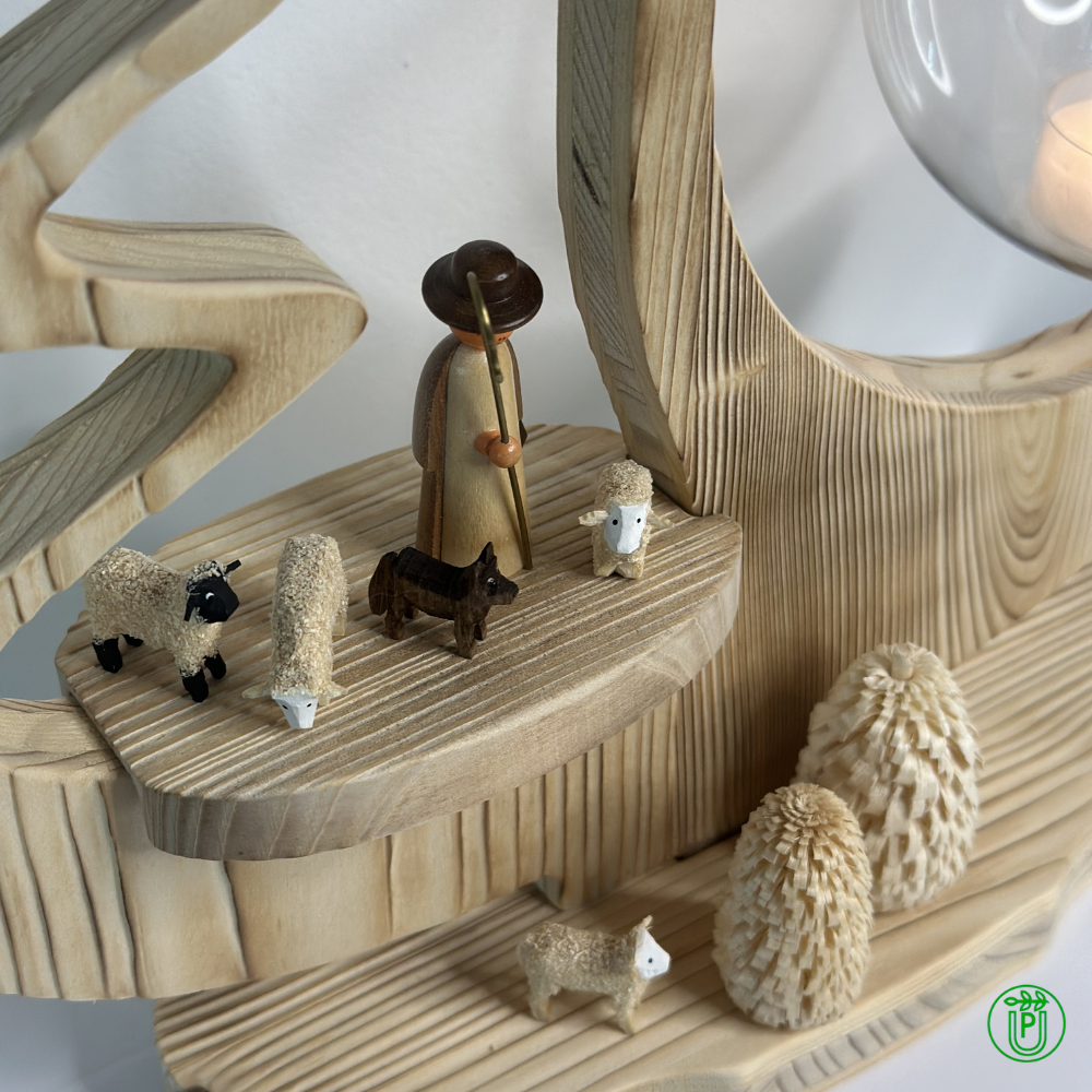 Decorative rustic tree with glass orb, natural brushed and flamed