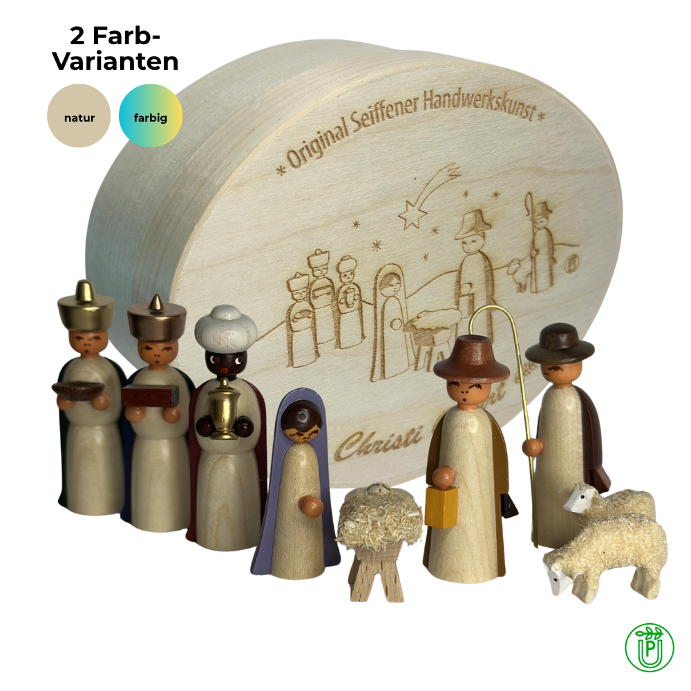 The Nativity 9-piece in a wood chip box