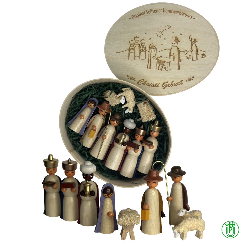 The Nativity 9-piece in a wood chip box