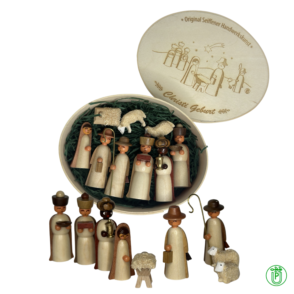 The Nativity 9-piece in a wood chip box