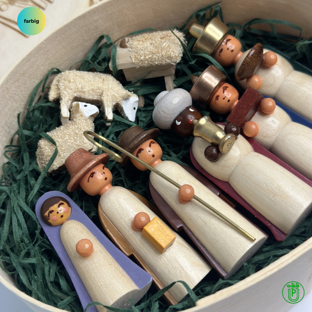 The Nativity 9-piece in a wood chip box