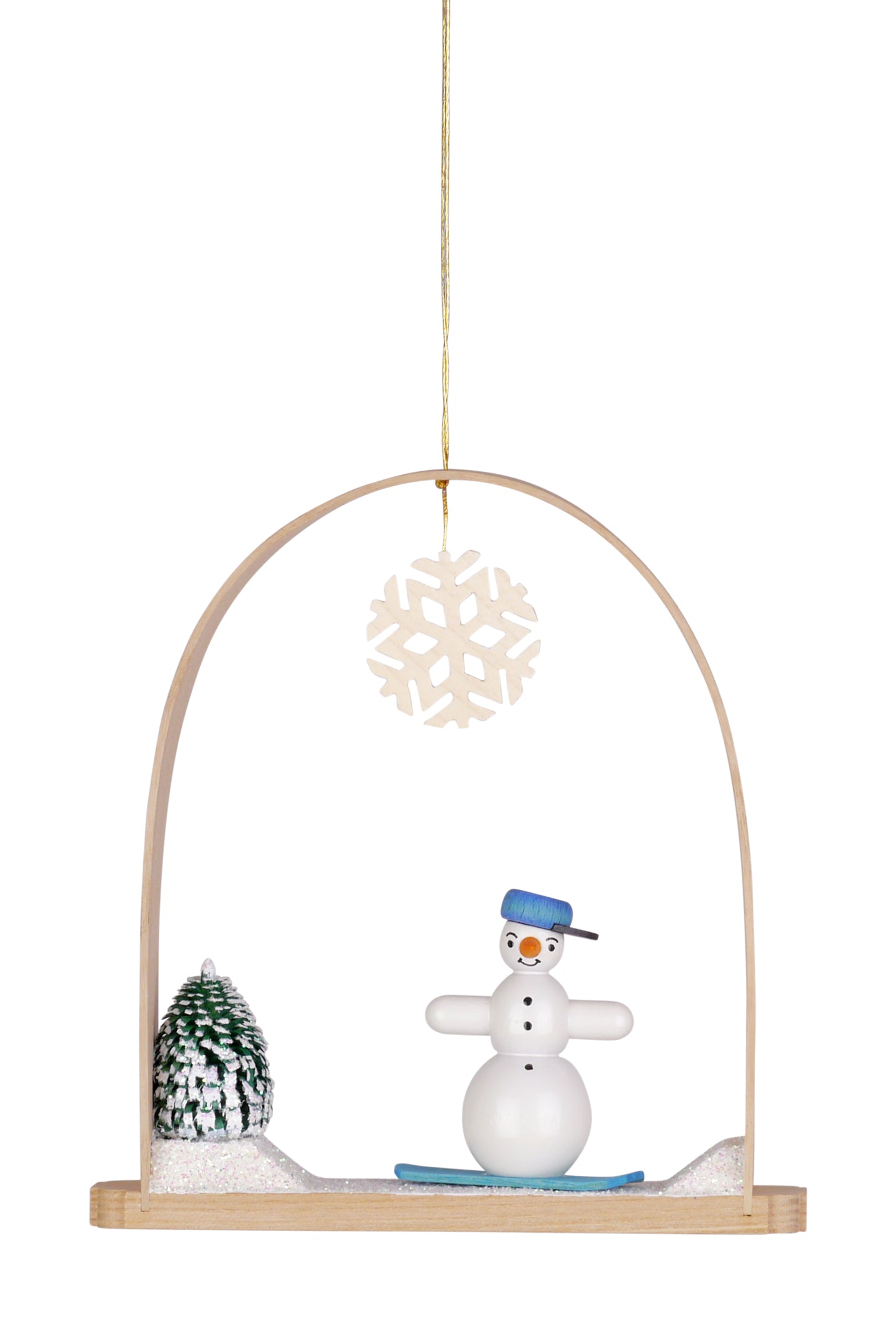 Schneemann mit Snowboard im Schwibbogen