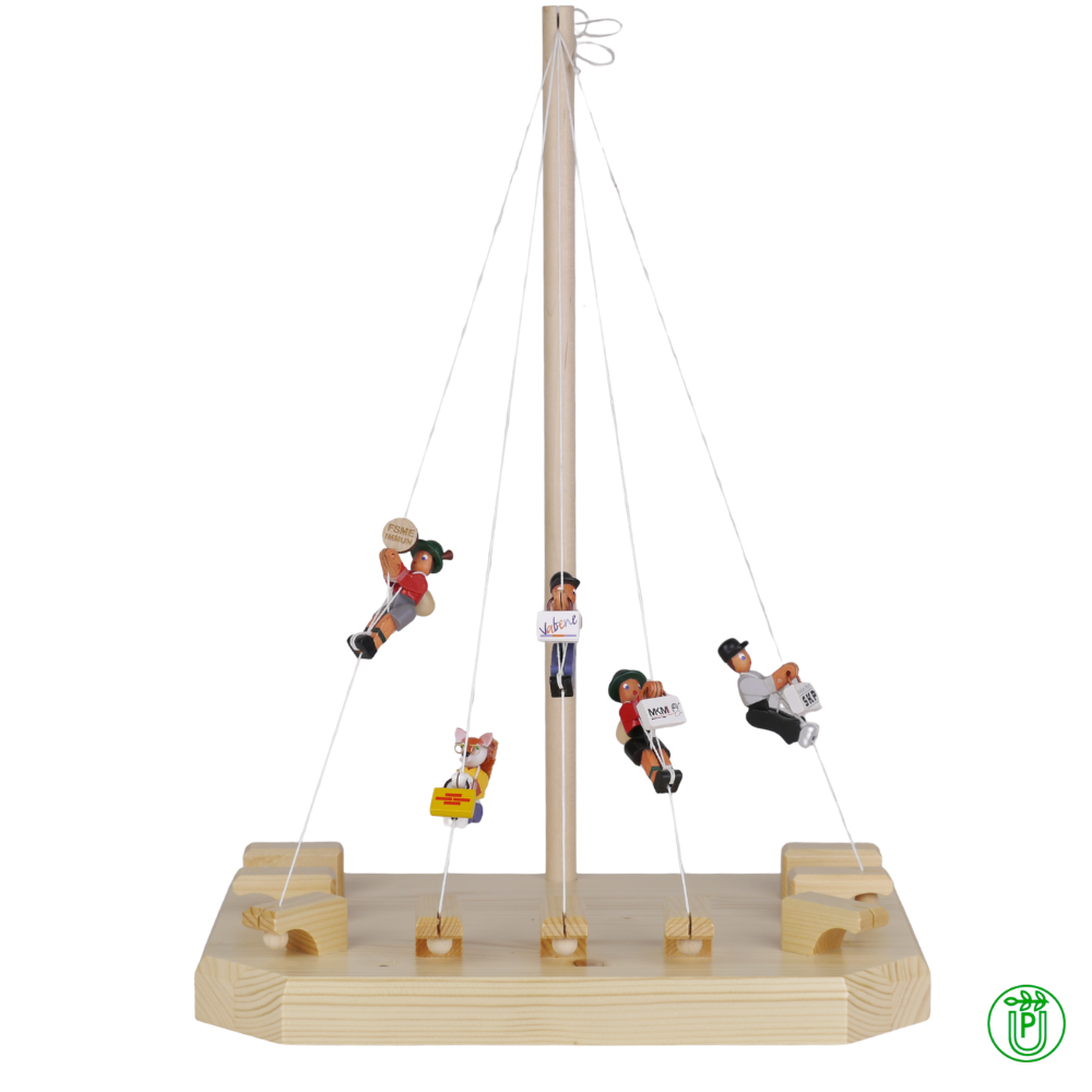 Multidisplay aus Holz mit neun kletternden Figuren, traditionelle Erzgebirge Holzkunst aus Seiffen, meisterhafte Handarbeit.